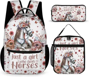 Horse Backpack with Lunch Bag & Pencil Case for Kids Girls Boys School, 16 Inch Cute Horses Theme Bookbag, School Backpack for Students Children, Lightweight, Adjustable