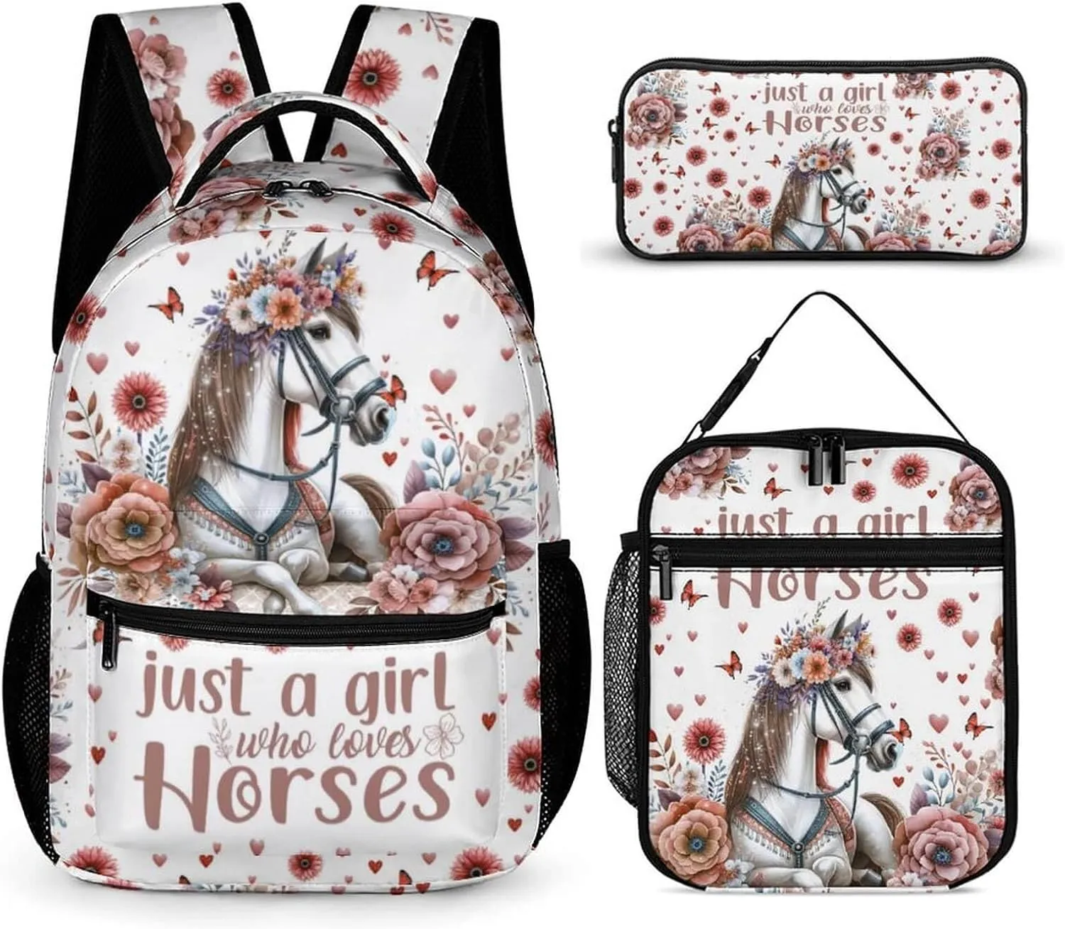 Horse Backpack with Lunch Bag & Pencil Case for Kids Girls Boys School, 16 Inch Cute Horses Theme Bookbag, School Backpack for Students Children, Lightweight, Adjustable