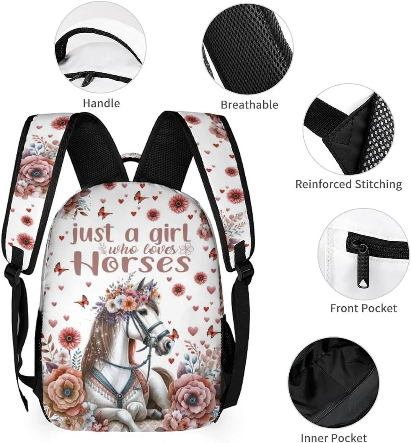 Horse Backpack with Lunch Bag & Pencil Case for Kids Girls Boys School, 16 Inch Cute Horses Theme Bookbag, School Backpack for Students Children, Lightweight, Adjustable