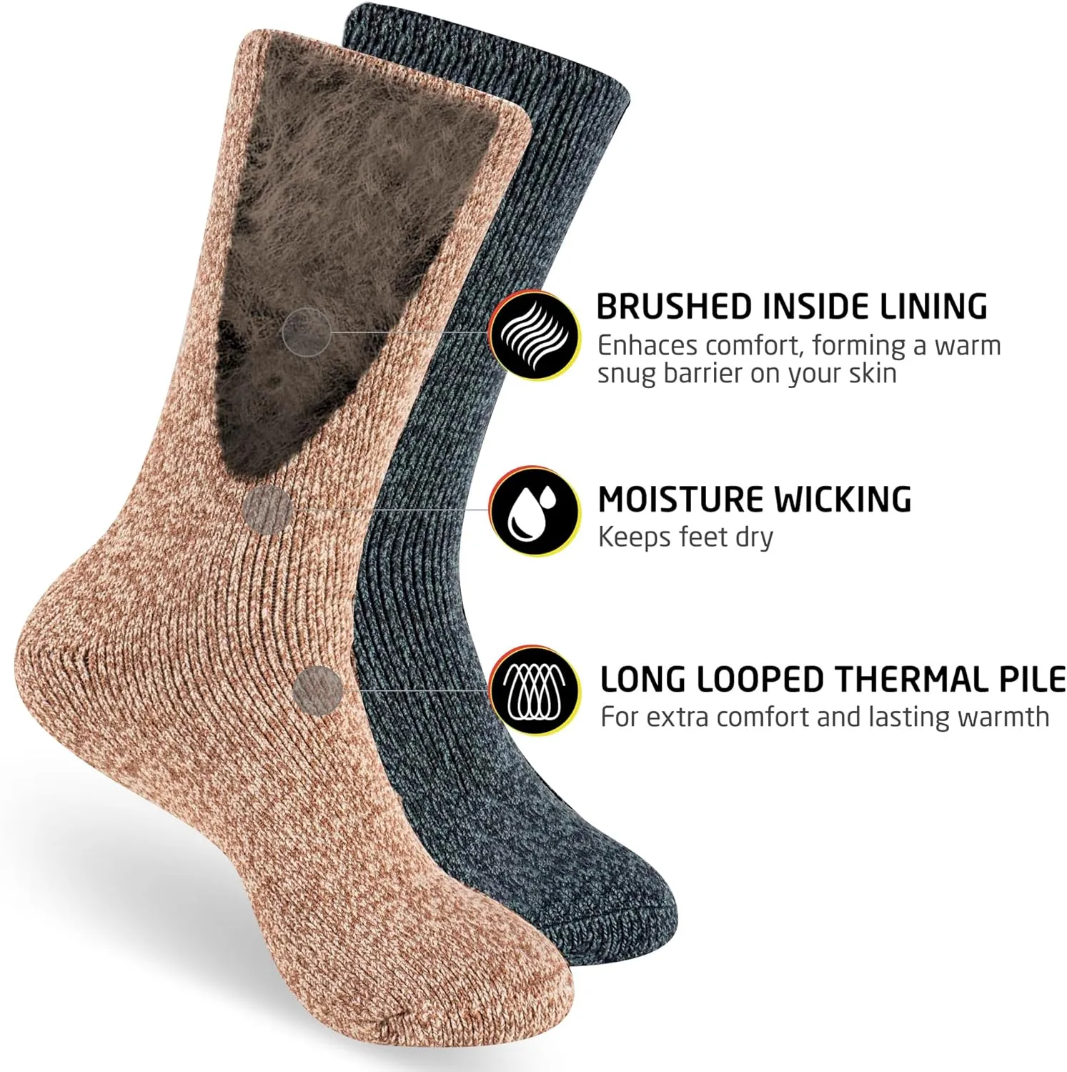 HOT FEET Thermal Socks for Men - Extreme Cold Weather, 2 Pack Thick Warm Socks, Winter Insulated, Size 6-12.5