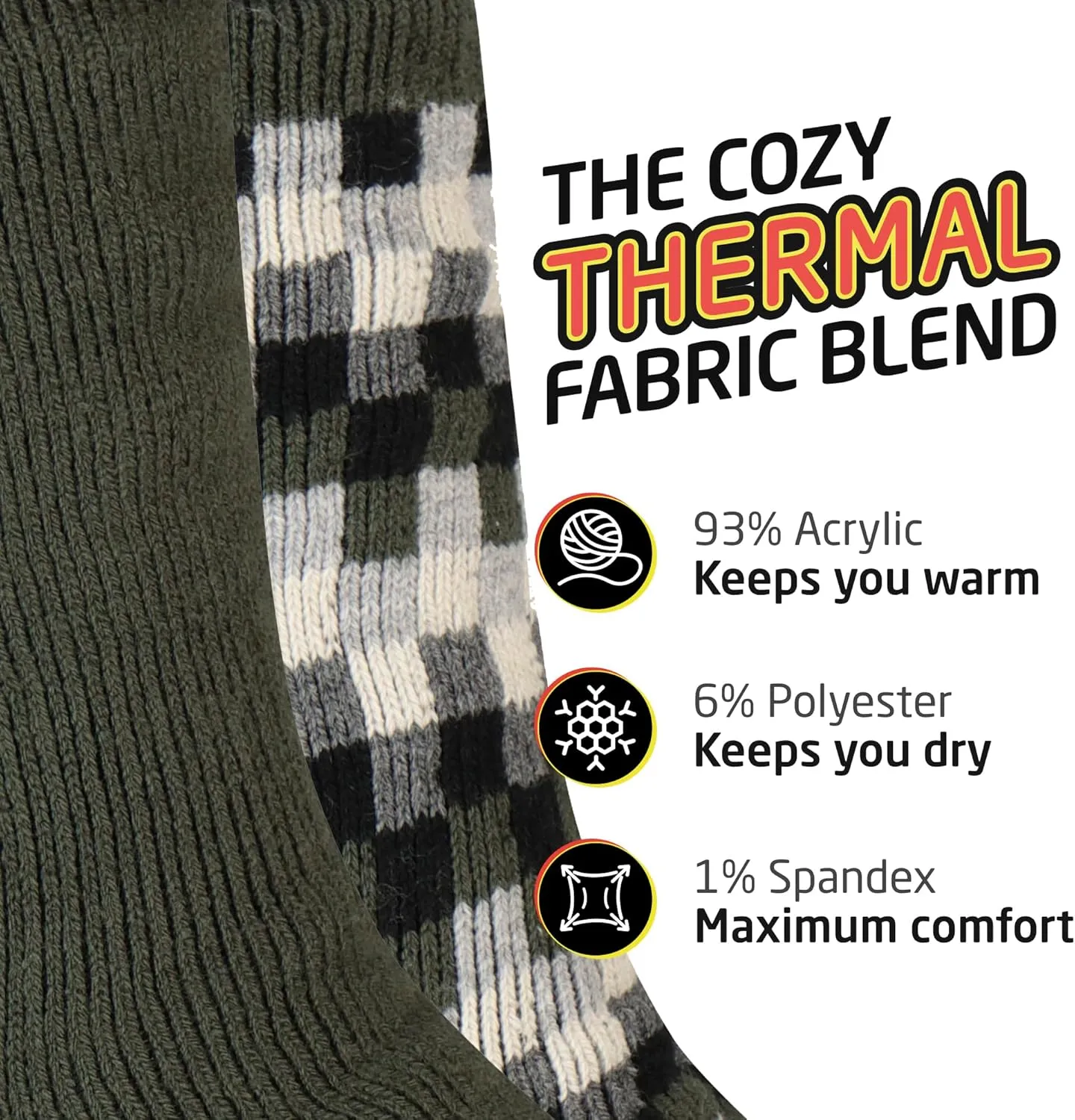 HOT FEET Thermal Socks for Men - Extreme Cold Weather, 2 Pack Thick Warm Socks, Winter Insulated, Size 6-12.5
