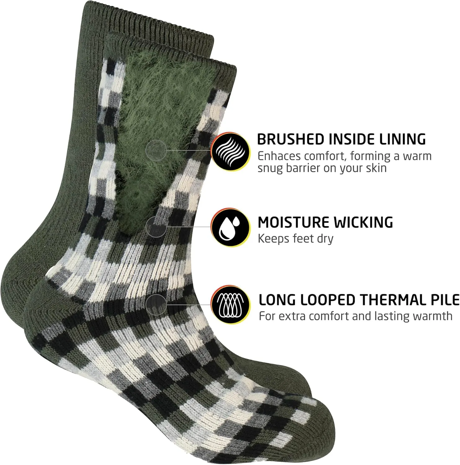 HOT FEET Thermal Socks for Men - Extreme Cold Weather, 2 Pack Thick Warm Socks, Winter Insulated, Size 6-12.5