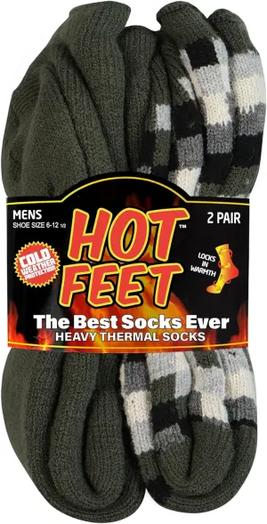 HOT FEET Thermal Socks for Men - Extreme Cold Weather, 2 Pack Thick Warm Socks, Winter Insulated, Size 6-12.5