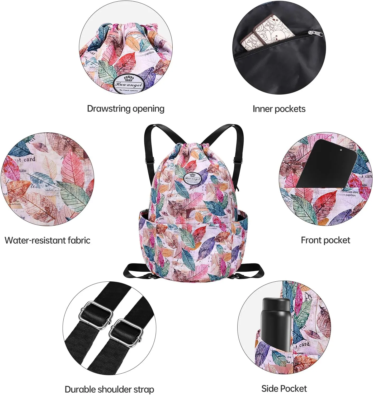 HUA ANGEL Floral Print Drawstring Bag - Lightweight Waterproof Cinch Sackpack with Side Pocket for Men & Women Travel Gym Bag