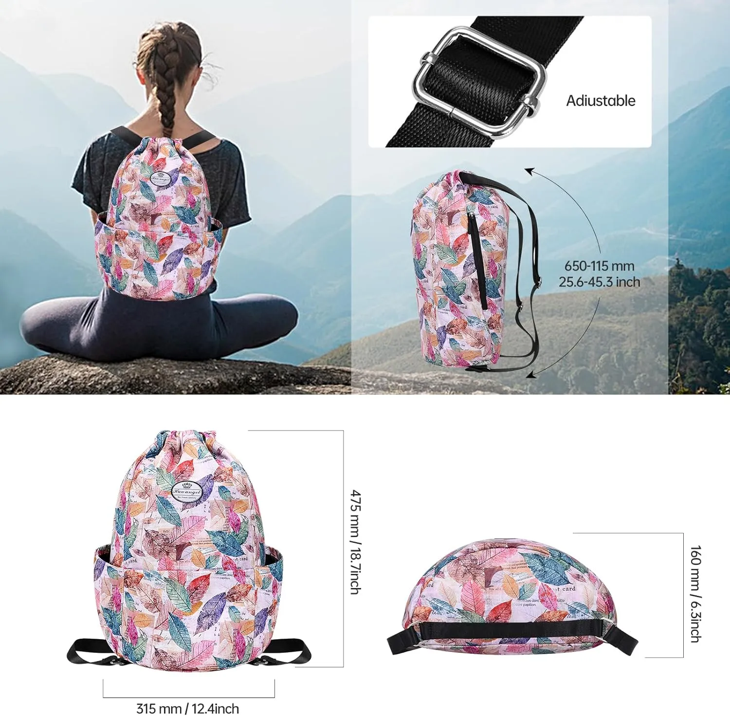 HUA ANGEL Floral Print Drawstring Bag - Lightweight Waterproof Cinch Sackpack with Side Pocket for Men & Women Travel Gym Bag