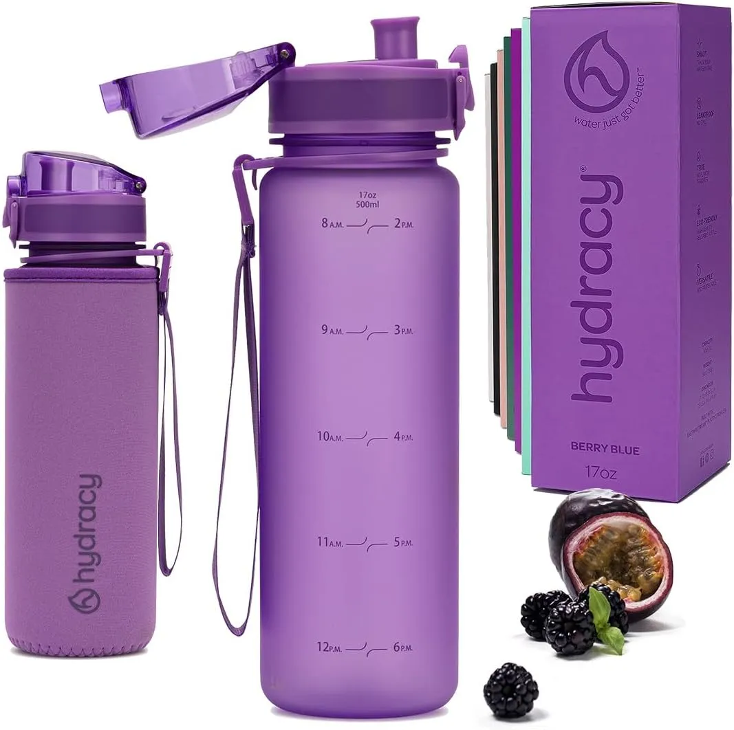 Hydracy Water Bottle with Time Marker -Large BPA Free Water Bottle & No Sweat Sleeve -Leak Proof Gym Bottle with Fruit Infuser Strainer & Times to Drink -Ideal for Fitness Sports & Outdoors