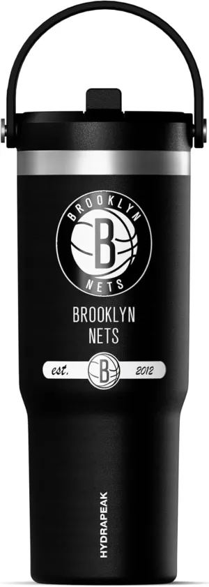 Hydrapeak x NBA Officially Licensed Brooklyn Nets 32 oz Nomad Tumbler with Handle and Straw Lid, Leakproof Stainless Steel Water Bottle