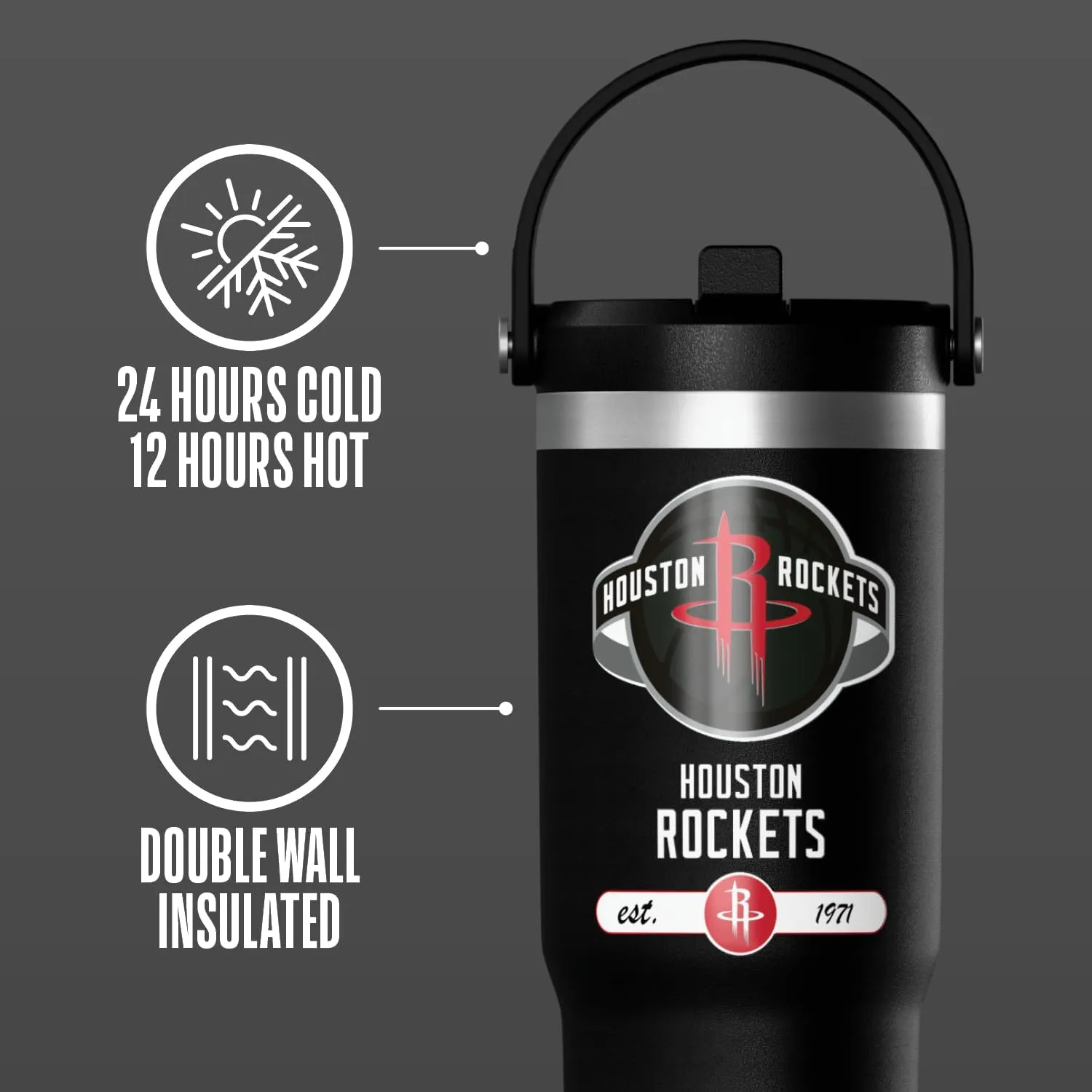 Hydrapeak x NBA Officially Licensed Houston Rockets 32 oz Nomad Tumbler with Handle and Straw Lid, Leakproof Stainless Steel Water Bottle