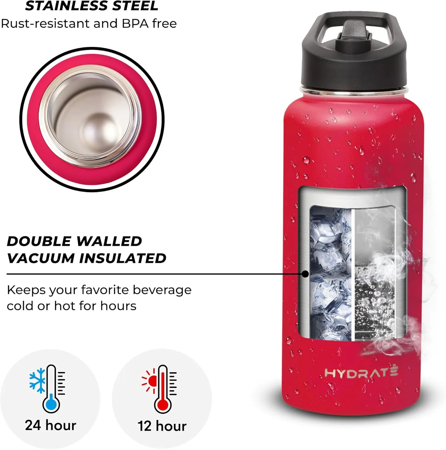 Hydrate 32 oz Water Bottles Insulated for Hot and Cold Drinks - Leakproof, Flip Cap Metal Tumbler with Handle - BPA-free Double-Wall - Portable for Gym, Office, Travel - Chilli Pepper