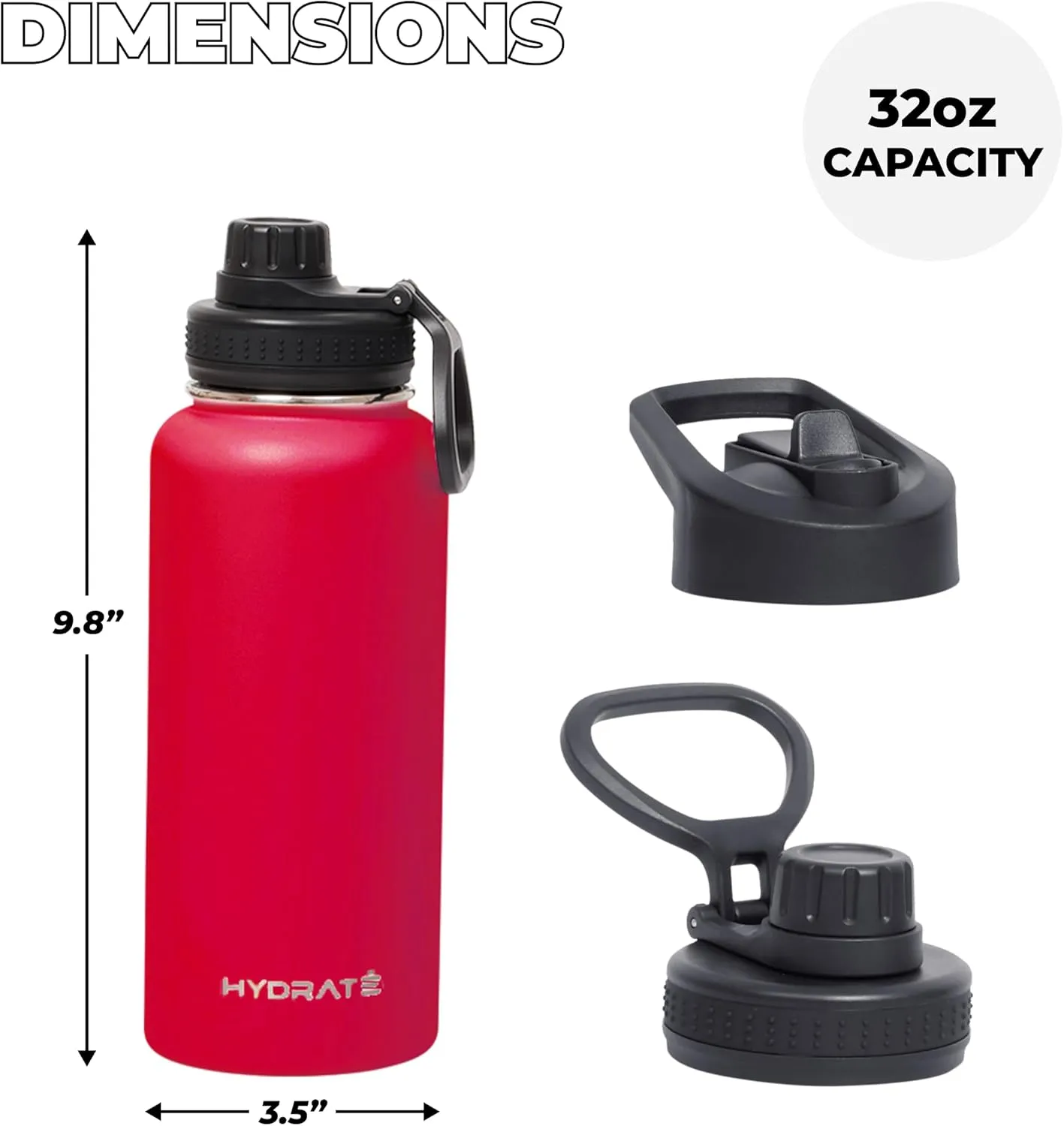 Hydrate 32 oz Water Bottles Insulated for Hot and Cold Drinks - Leakproof, Flip Cap Metal Tumbler with Handle - BPA-free Double-Wall - Portable for Gym, Office, Travel - Chilli Pepper