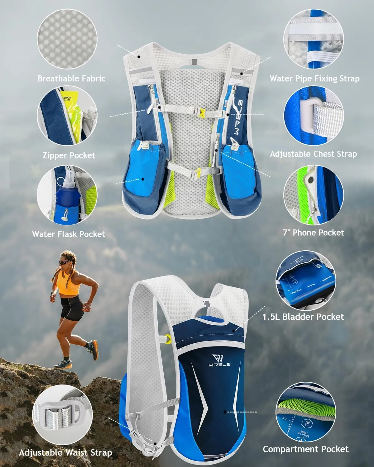 Hydration Running Vest for Men Women,5L Lightweight Water Backpack with 1.5L Leakproof Water Bladder,Hydration Vest for Marathon Cycling Jogging Hiking