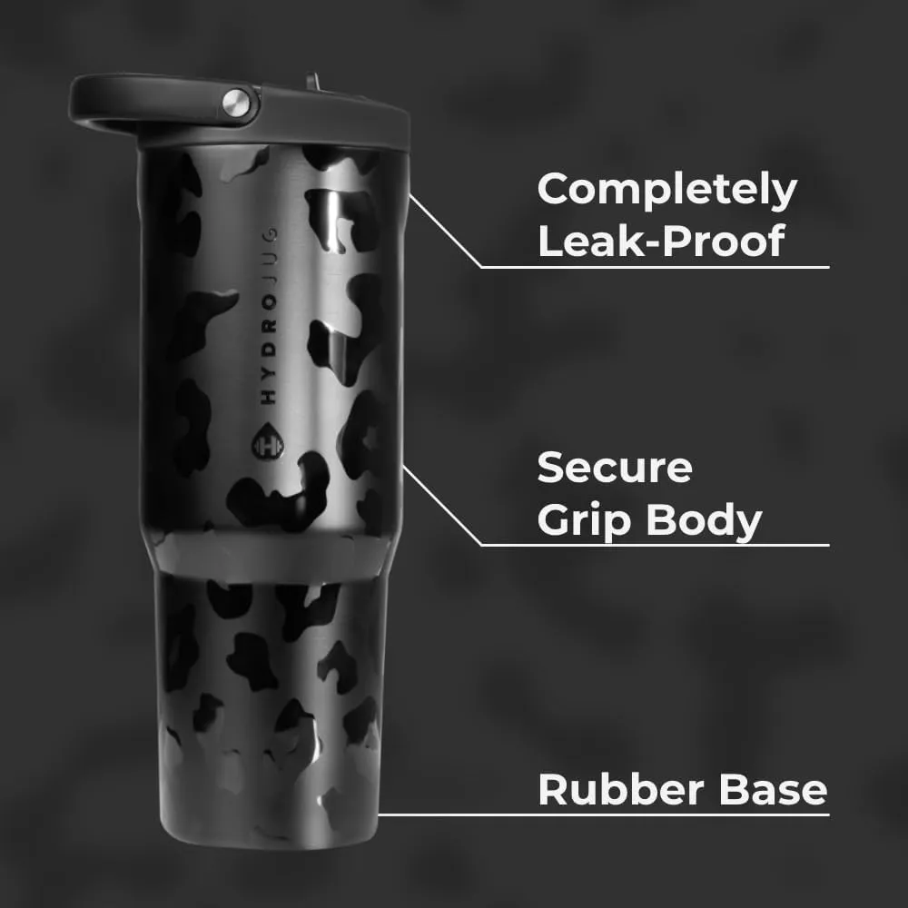 HydroJug Sport - Stainless Steel Tumbler with Straw, Vacuum Insulated, 40oz Leakproof Water Bottle, Ergonomic Design, Reusable, Dishwasher Safe, Rubber Base, Durable for Gym or Outdoors, Black Leopard