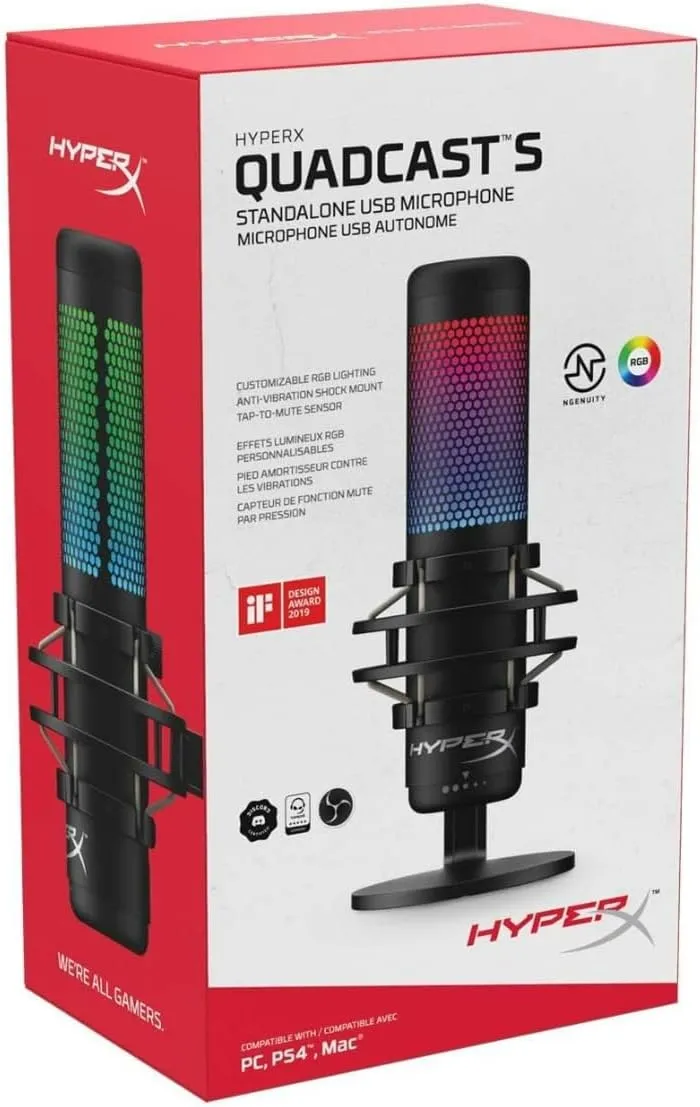 HyperX QuadCast S RGB USB Condenser Microphone for PC, PS4 and Mac, Anti-Vibration Shock Mount, Four Polar Patterns, Pop Filter, Gain Control, Gaming, Streaming, Podcasts (Renewed)