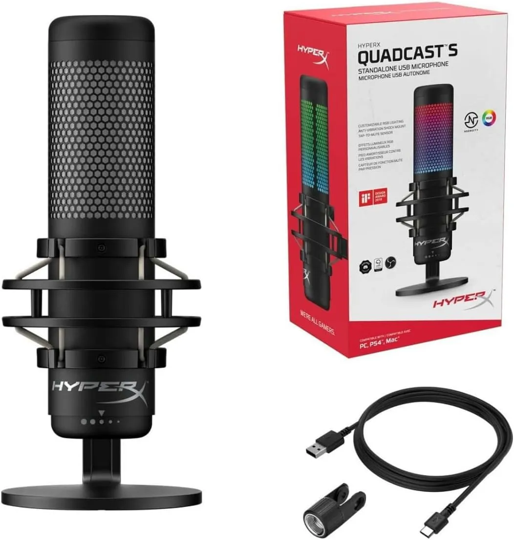 HyperX QuadCast S RGB USB Condenser Microphone for PC, PS4 and Mac, Anti-Vibration Shock Mount, Four Polar Patterns, Pop Filter, Gain Control, Gaming, Streaming, Podcasts (Renewed)