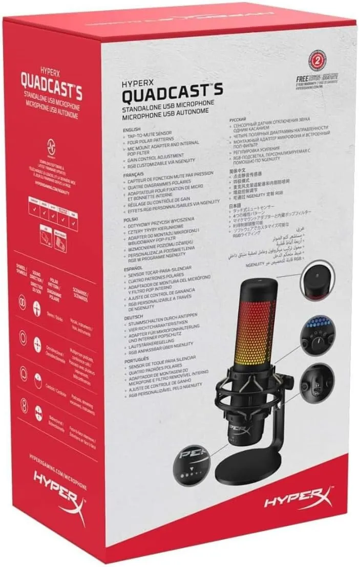 HyperX QuadCast S RGB USB Condenser Microphone for PC, PS4 and Mac, Anti-Vibration Shock Mount, Four Polar Patterns, Pop Filter, Gain Control, Gaming, Streaming, Podcasts (Renewed)