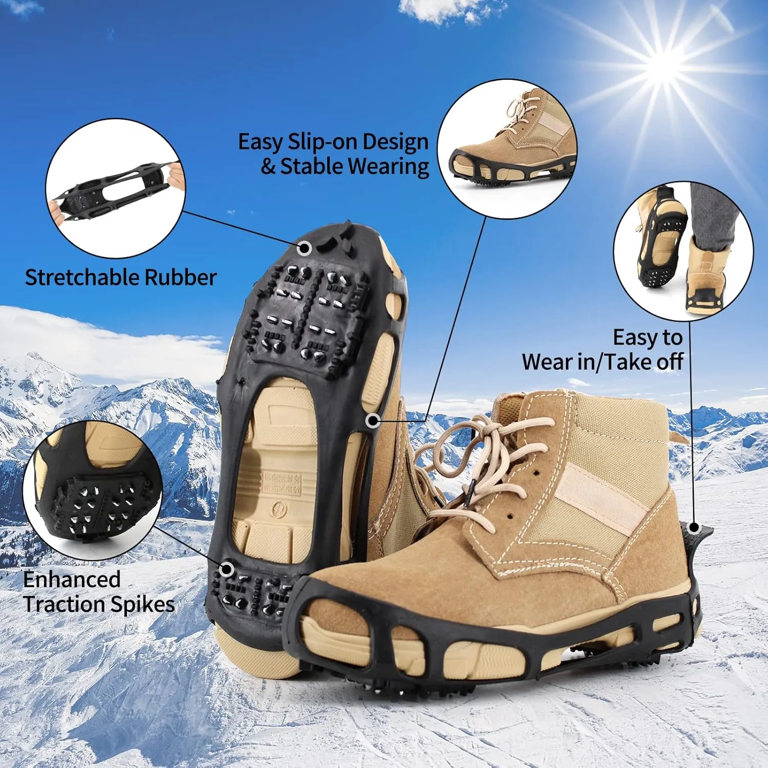 Ice Cleats Snow Grips, Anti-Slip Crampons Traction Lightweight Portable for Walking on Snow & Ice, Easy Step-in for Shoes/Boots
