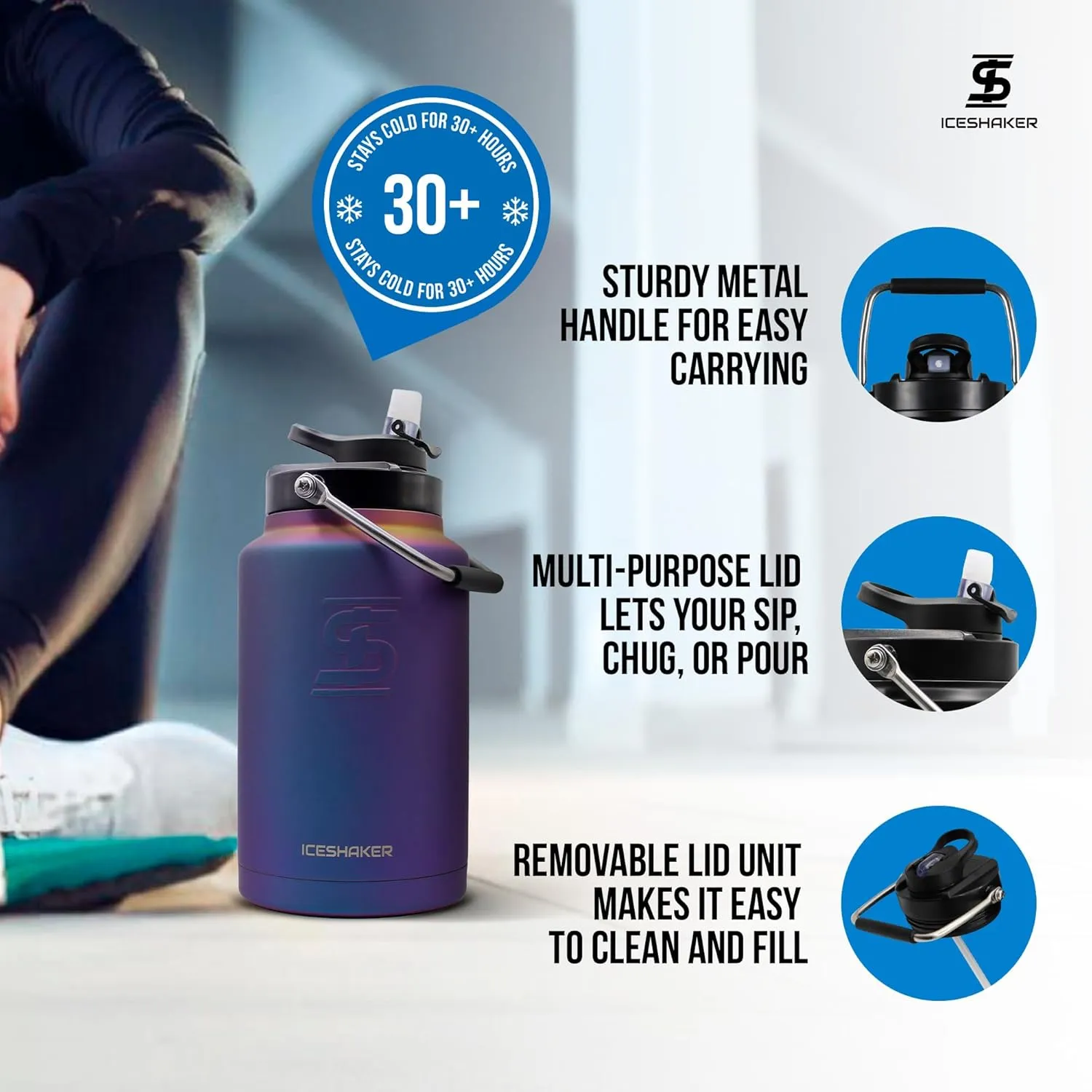 Ice Shaker Insulated Stainless Steel Gallon Water Jug | 128 Oz, Wisteria | Stays Cold for 60  Hours | Multi-purpose lid | Odor-Free Outdoor Water Jug for Sports, Camping, Hiking, Working Out