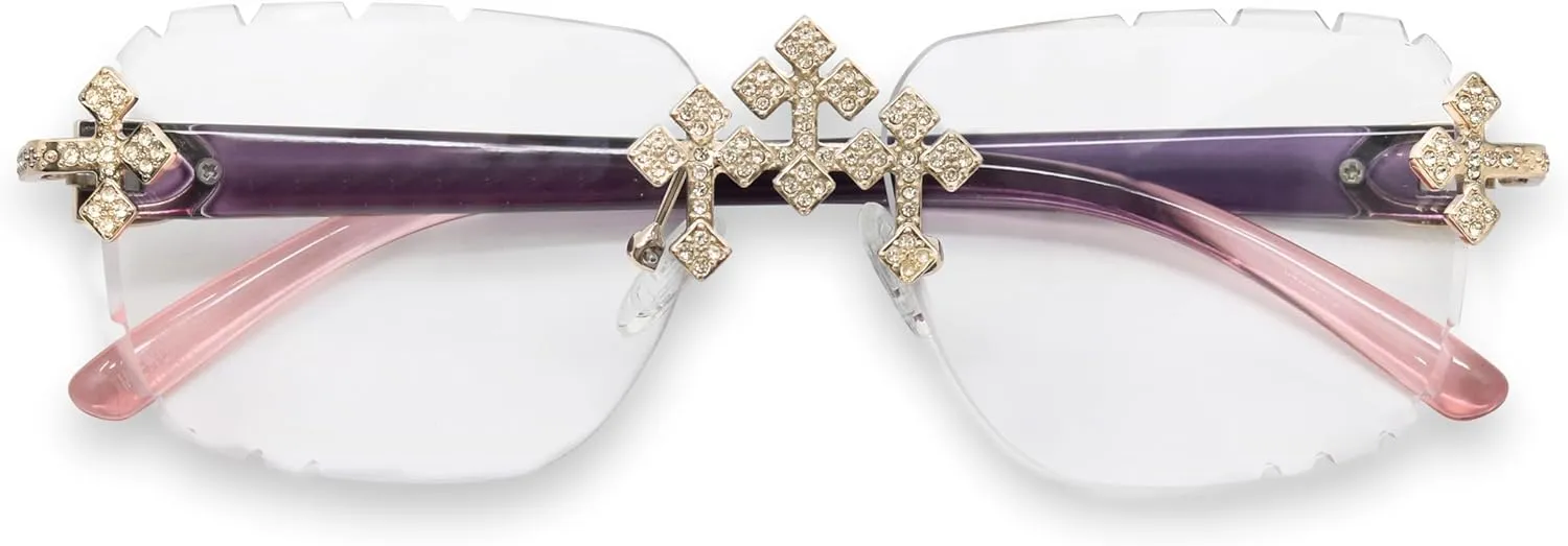 ICE STAR Iced-Out Triple Cross Sunglasses - Diamond-Cut Frameless Shades for Women, Hip-Hop Luxury Eyewear