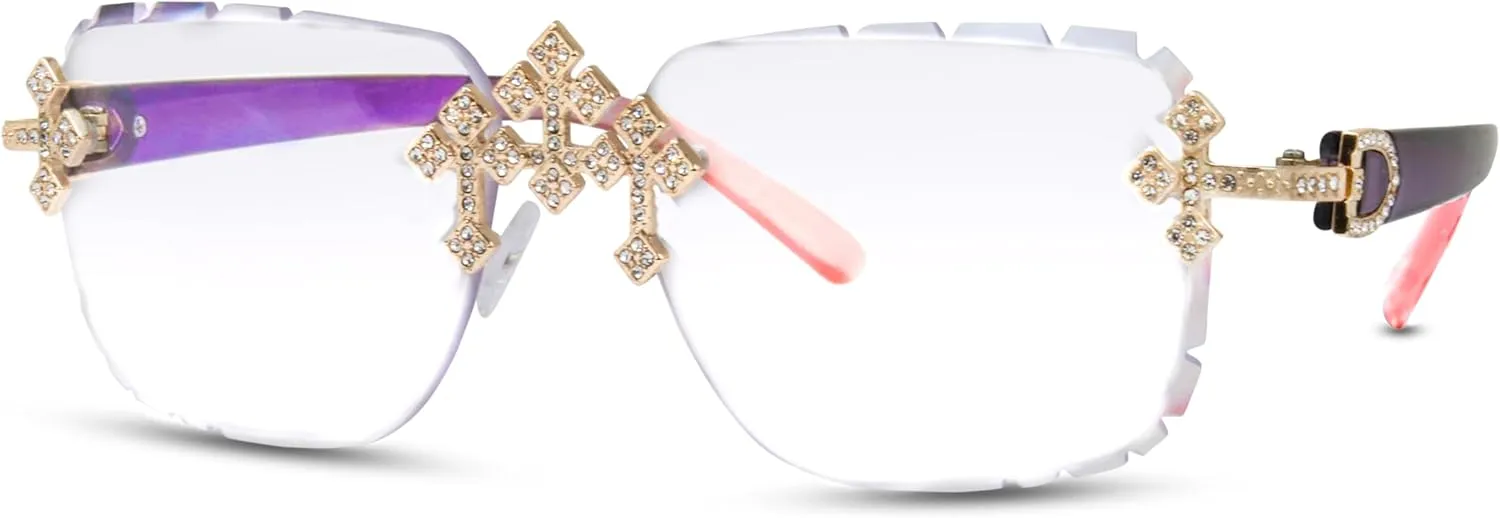 ICE STAR Iced-Out Triple Cross Sunglasses - Diamond-Cut Frameless Shades for Women, Hip-Hop Luxury Eyewear