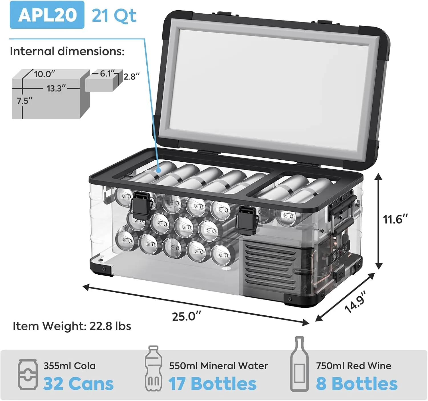 ICECO APL20 Portable Refrigerator, 21 Qts 12 Volt Fridge Freezer, Aluminum Car Fridge with SECOP Nano Compressor, Electric Cooler Powered by AC/DC or Solar, -4℉~68℉, Refrigerator for Vehicles, RV