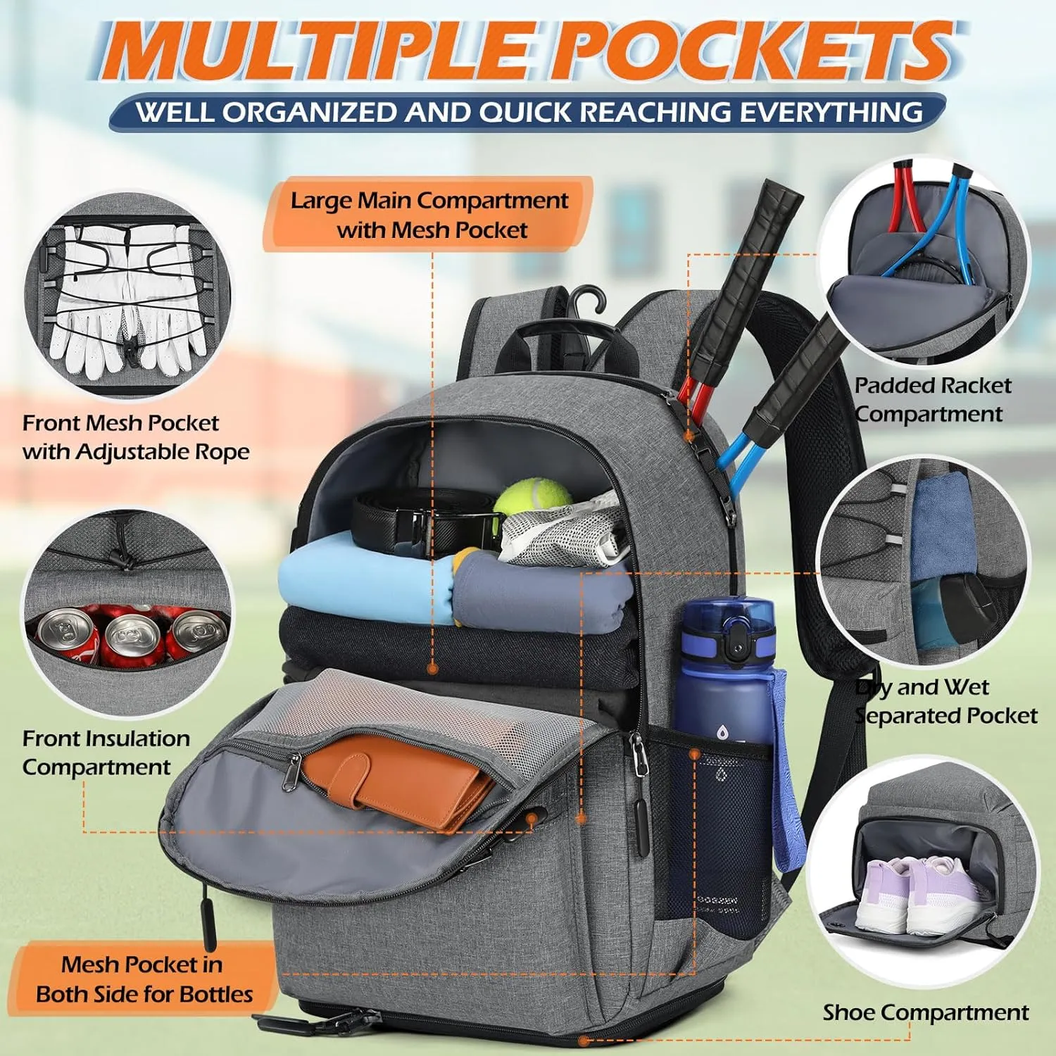 IGOLUMON Tennis Bag Tennis Backpack for Women and Men Racket Bags Holds 2 Racket Insulated Pocket Ventilated Shoe Compartment