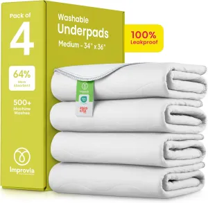 IMPROVIA® Washable Underpads, Heavy Absorbency Reusable Incontinence Pads for Kids, Adults, Elderly, and Pets - Waterproof Protection Floor (White & White, 4 Pack - 34"x36")