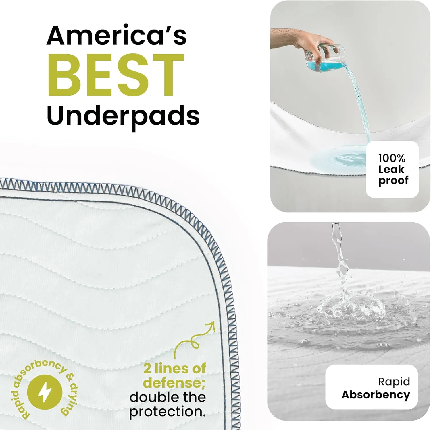 IMPROVIA® Washable Underpads, Heavy Absorbency Reusable Incontinence Pads for Kids, Adults, Elderly, and Pets - Waterproof Protection Floor (White & White, 4 Pack - 34"x36")