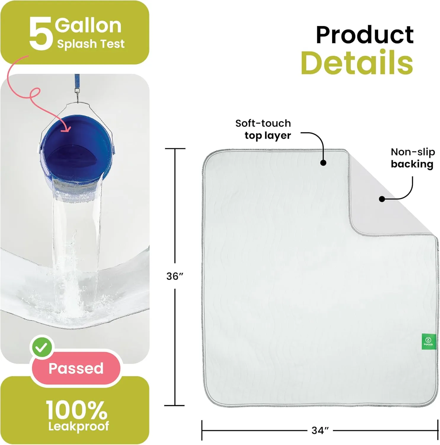 IMPROVIA® Washable Underpads, Heavy Absorbency Reusable Incontinence Pads for Kids, Adults, Elderly, and Pets - Waterproof Protection Floor (White & White, 4 Pack - 34"x36")