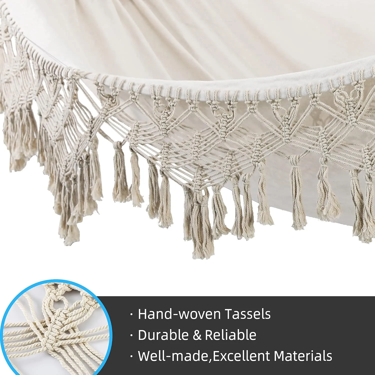 Indoor Hammock with Macrame Fringe for 2 Persons,Double Boho Hammocks with Tassels,Portable Cotton Rope Hamaca Swing with Travel Bag for Outside,Porch,Garden,Patio,Backyard,Up to 500lbs White