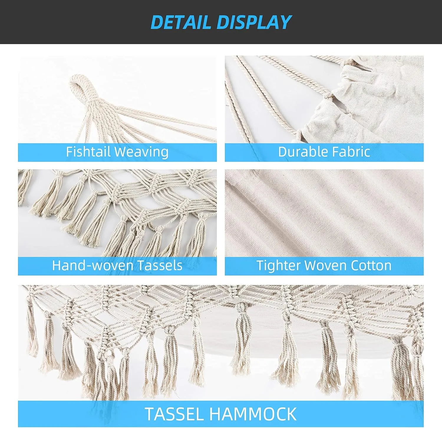 Indoor Hammock with Macrame Fringe for 2 Persons,Double Boho Hammocks with Tassels,Portable Cotton Rope Hamaca Swing with Travel Bag for Outside,Porch,Garden,Patio,Backyard,Up to 500lbs White