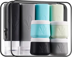INSFIT 8 Pack Silicone Travel Bottles & Cream Jars with Toiletry Bag, 3oz Leakproof Containers & 2oz Jars with Waterproof Labels, BPA-Free Squeezable Toiletries Set for Shampoo, Lotion, Cosmetics