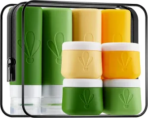 INSFIT 8 Pack Silicone Travel Bottles & Cream Jars with Toiletry Bag, 3oz Leakproof Containers & 2oz Jars with Waterproof Labels, BPA-Free Squeezable Toiletries Set for Shampoo, Lotion