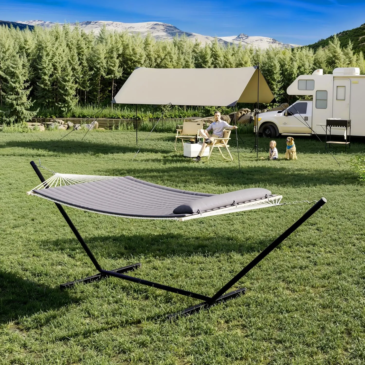 Instant-Setup 2-Person Hammock with Reinforced Steel Frame – Portable Outdoor Lounger for Garden, Camping & Beach (450lb Capacity   Quick-Fold Carry Bag),Dark Gray