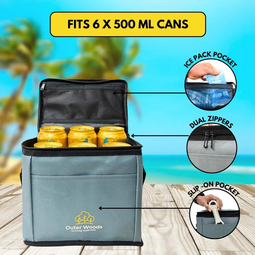 Insulated 6 Can Cooler Bag Fits 6 x 500ml Beer Cans Keep Cans Cool for up to 10 Hrs with 2 Units of Ice Gel Packs