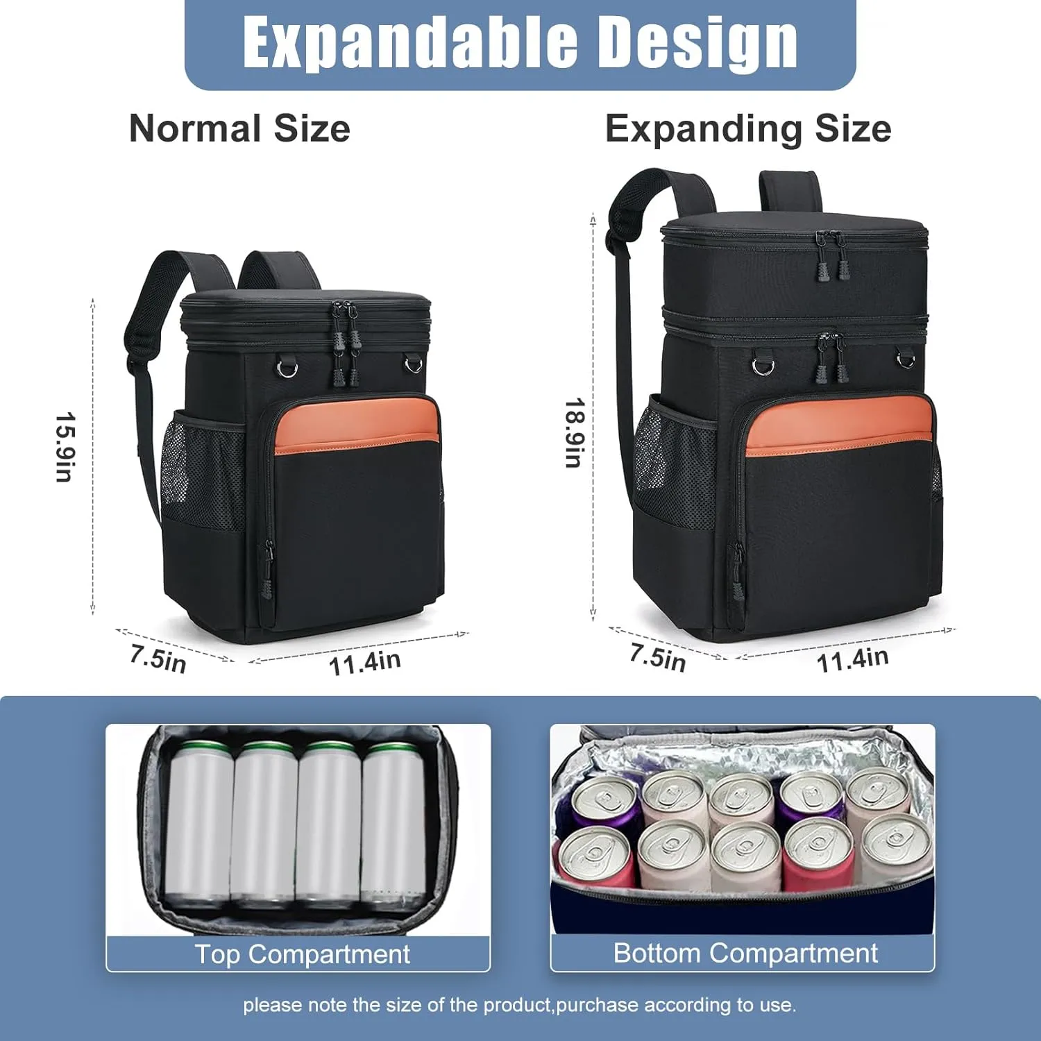 Insulated Backpack Cooler - Waterproof Leakproof Soft Coolers, Expandable Back Pack, Heavy Duty Backpacks, Portable Ice Chest for Men Women