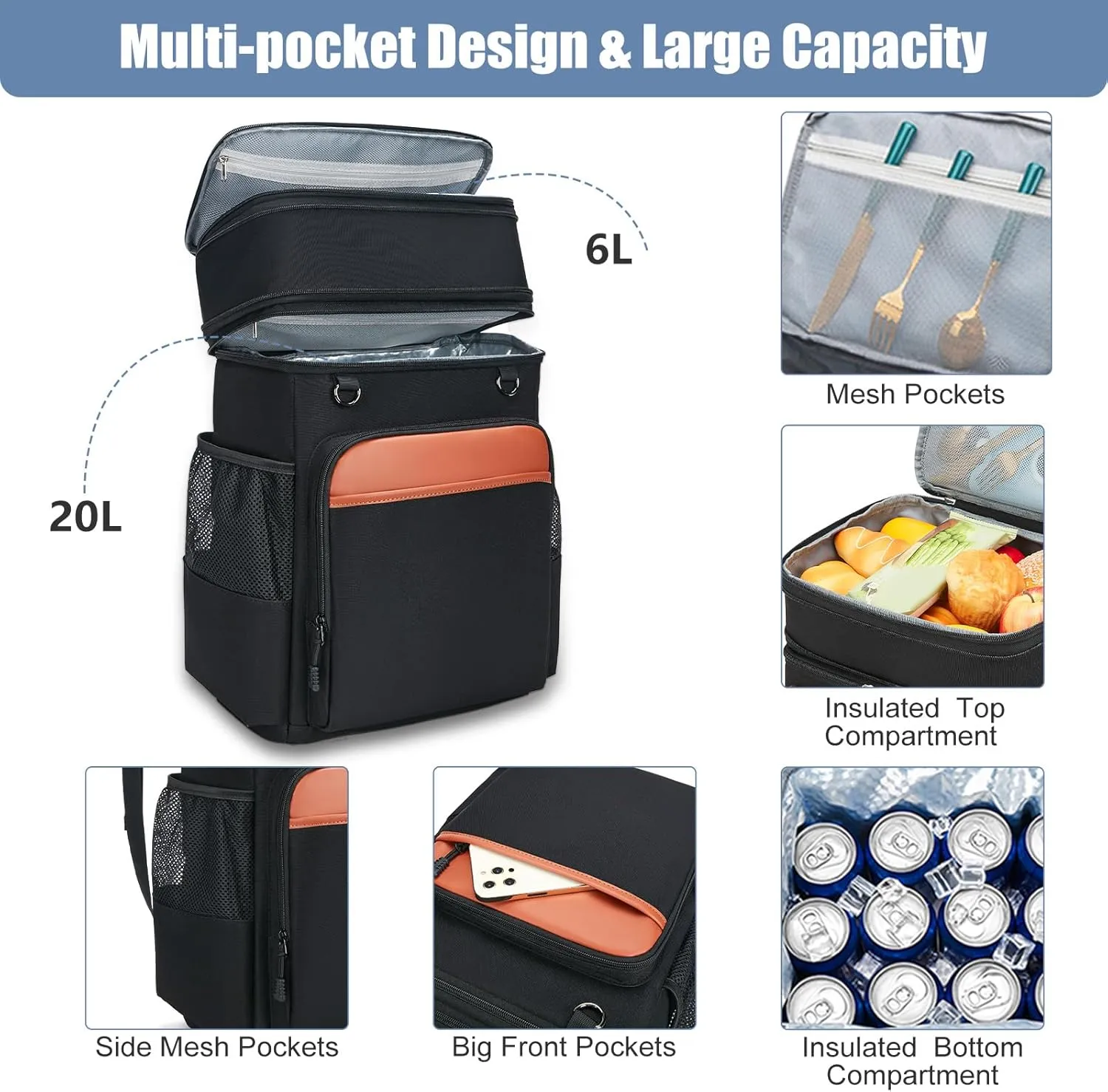 Insulated Backpack Cooler - Waterproof Leakproof Soft Coolers, Expandable Back Pack, Heavy Duty Backpacks, Portable Ice Chest for Men Women