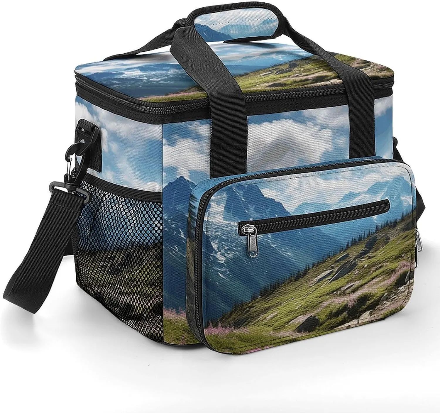 Insulated Camping Cooler Bag, Mountains Print Ice Pack with Leakproof Lining 22.5L Capacity Portable Thermal Bag for Camping,Picnic