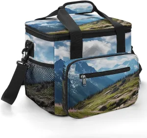 Insulated Camping Cooler Bag, Mountains Print Ice Pack with Leakproof Lining 22.5L Capacity Portable Thermal Bag for Camping,Picnic