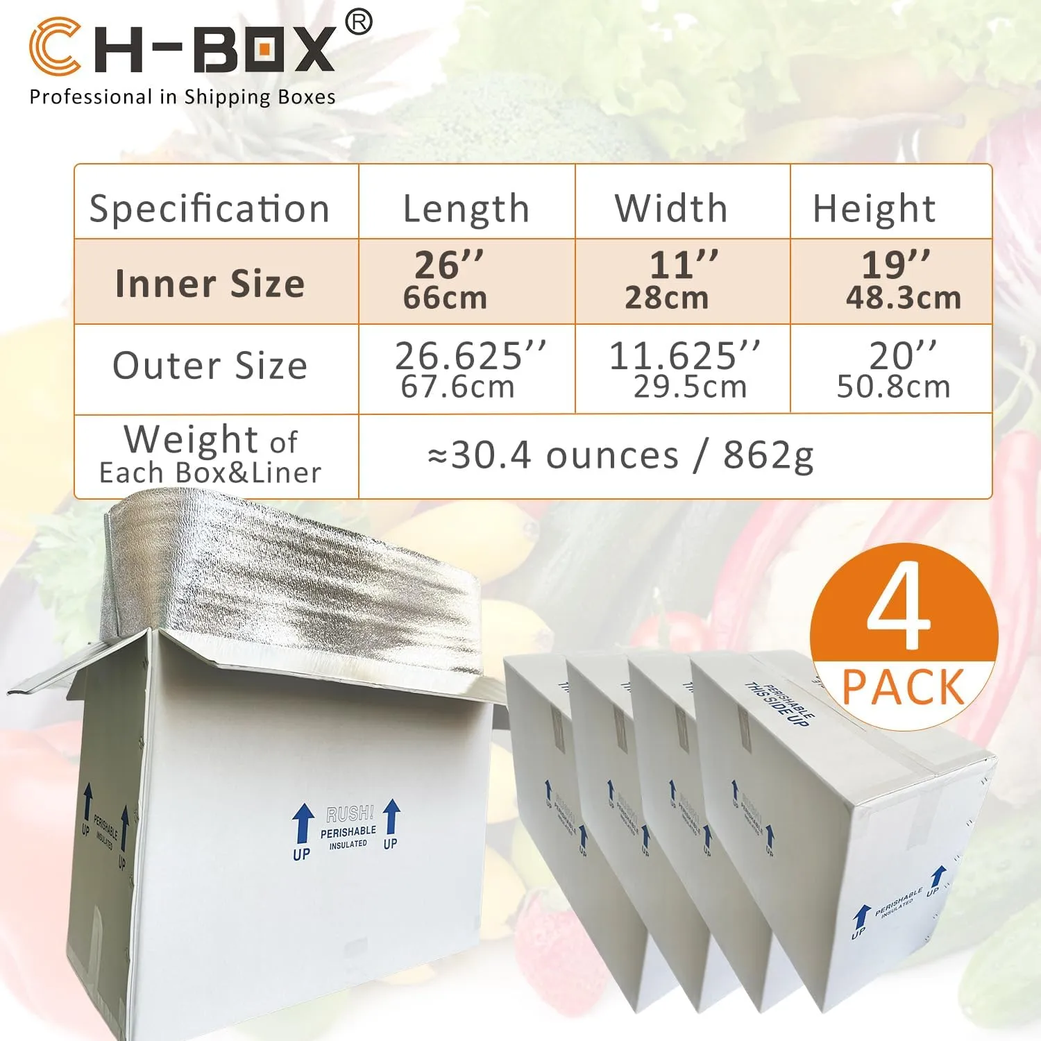 Insulated Cold Shipping Boxes with Liners, 4 Pack 26'' x 11'' x 19'', for Perishable Frozen Food, White (TB261119L-4)