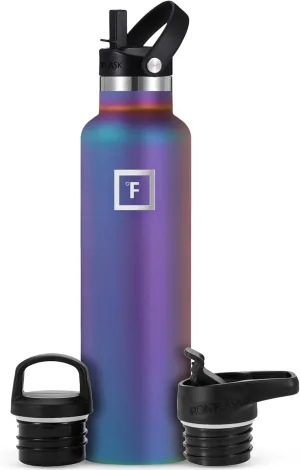 IRON °FLASK Camping & Hiking Hydration Canteens - 3 Lids (Narrow Straw Lid) Leak Proof Vacuum Insulated Stainless Steel - Hot & Cold Double Walled Sports Water Bottle - Aurora, 24 Oz
