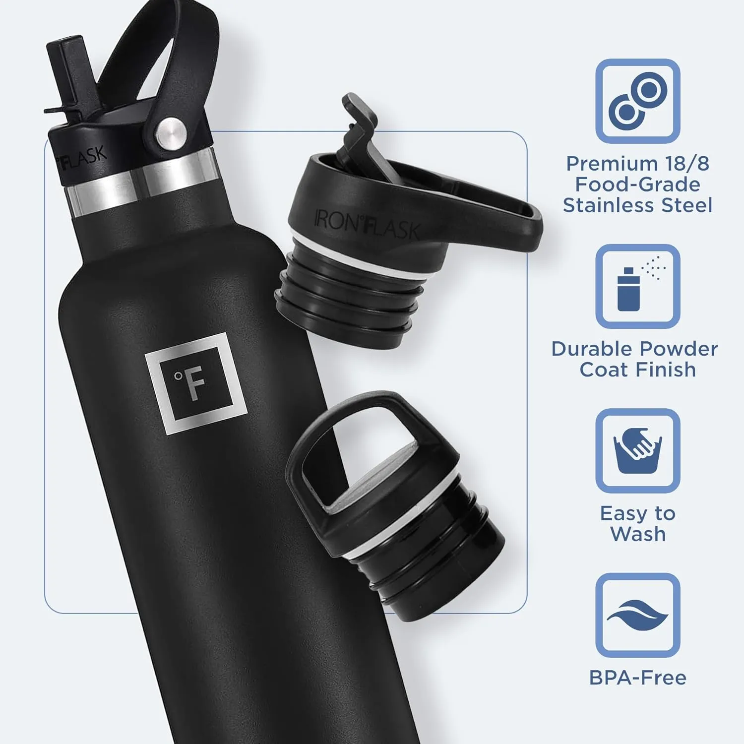IRON °FLASK Camping & Hiking Hydration Canteens - 3 Lids (Narrow Straw Lid) Leak Proof Vacuum Insulated Stainless Steel - Hot & Cold Double Walled Sports Water Bottle - Cobalt, 20 Oz