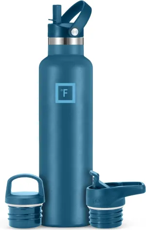 IRON °FLASK Camping & Hiking Hydration Canteens - 3 Lids (Narrow Straw Lid) Leak Proof Vacuum Insulated Stainless Steel - Hot & Cold Double Walled Sports Water Bottle - Deep Teal, 24 Oz