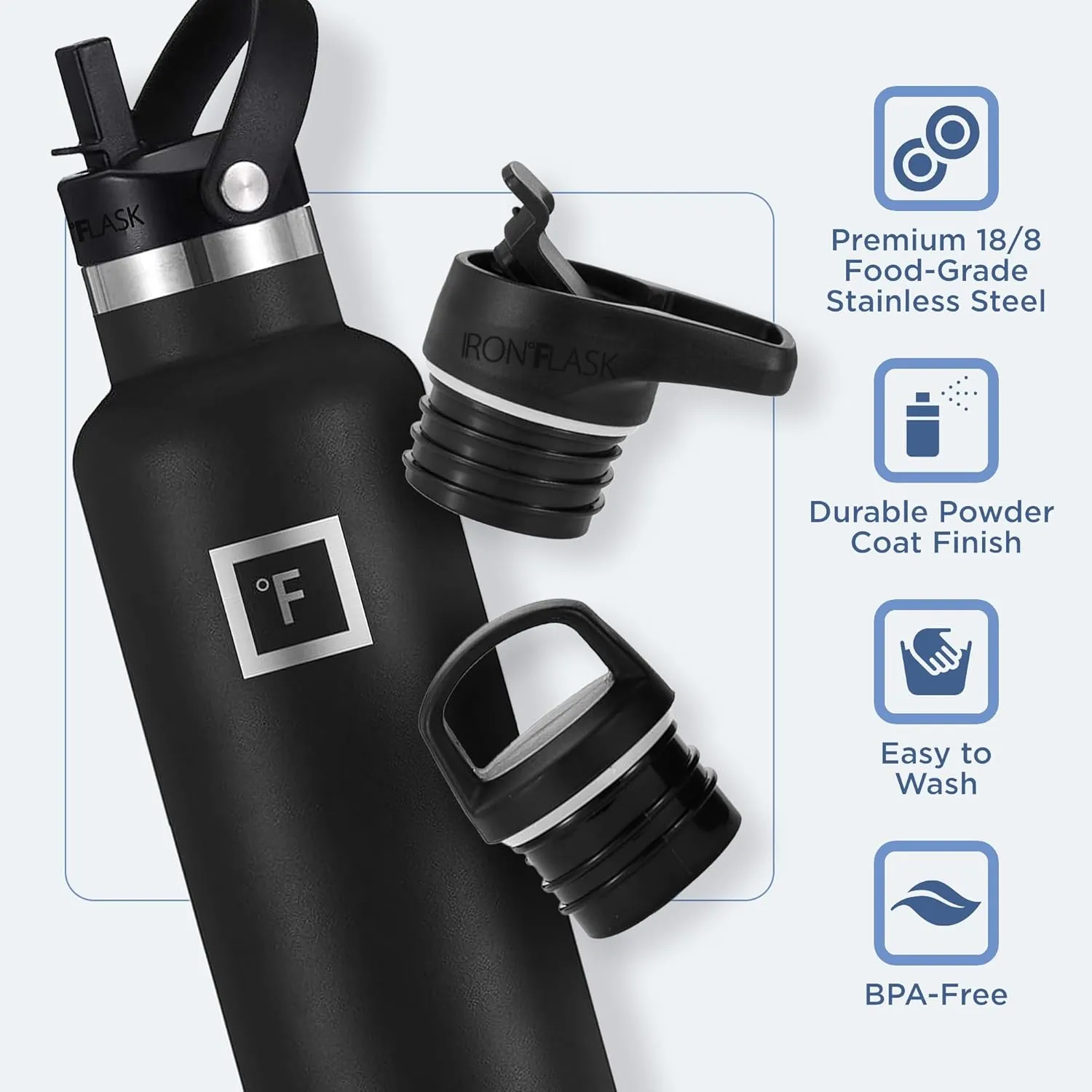 IRON °FLASK Camping & Hiking Hydration Canteens - 3 Lids (Narrow Straw Lid) Leak Proof Vacuum Insulated Stainless Steel - Hot & Cold Double Walled Sports Water Bottle - Midnight Black, 24 Oz