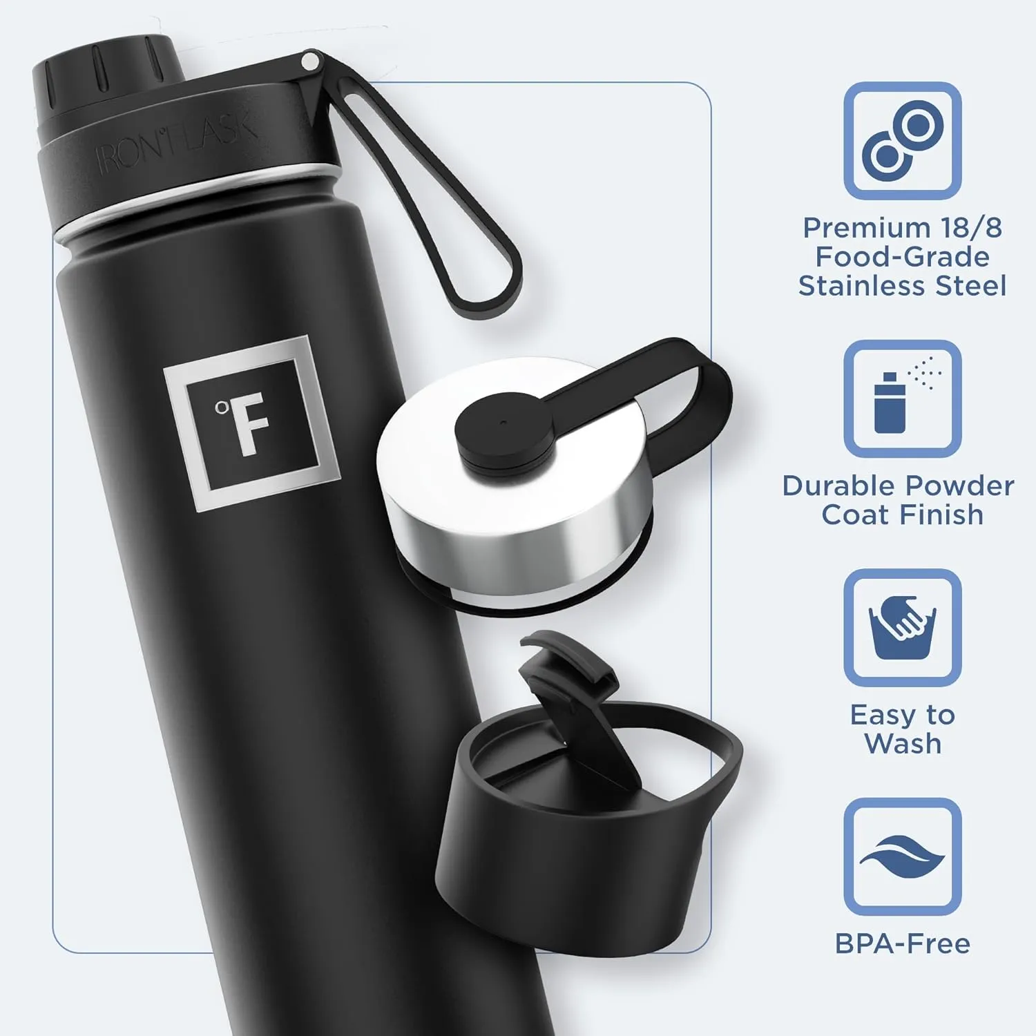 IRON °FLASK Camping & Hiking Hydration Flask with 3 Lids - Stainless Steel, Double Walled & Vacuum Insulated Water Bottle - Leak Proof & BPA Free (Day & Night, Spout - 22 oz)