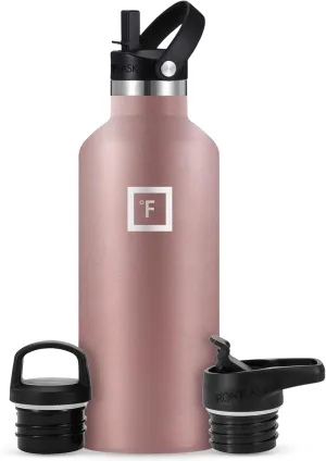 IRON °FLASK Sports Water Bottle - 32 Oz, 3 Lids (Straw Lid), Leak Proof, Vacuum Insulated Stainless Steel, Hot Cold, Double Walled, Thermo Mug, Standard Metal Canteen - Rose Gold