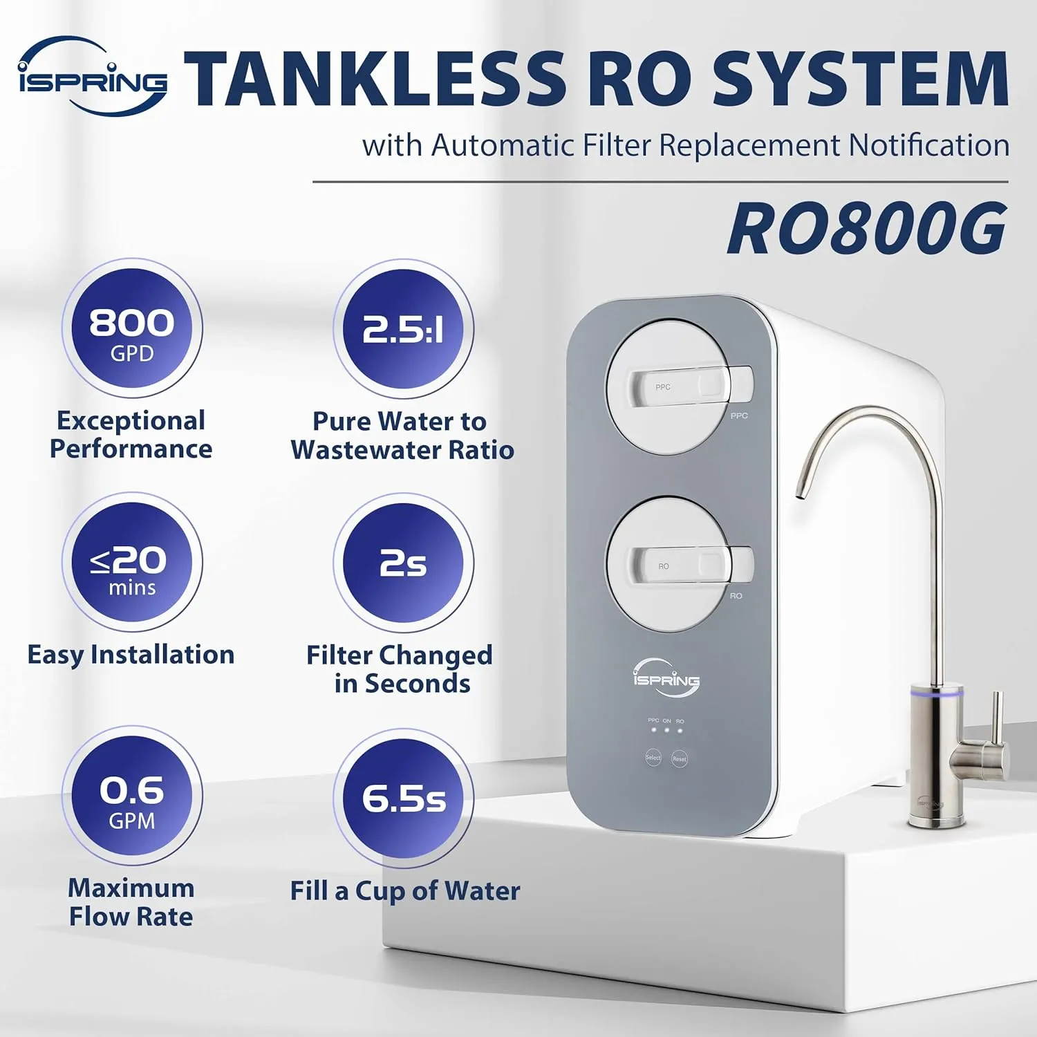 iSpring RO800G Tankless Reverse Osmosis System, 800 GPD High Capacity Under Sink, TDS Reduction Tankless Water Filtration System with Brushed Nickel Faucet