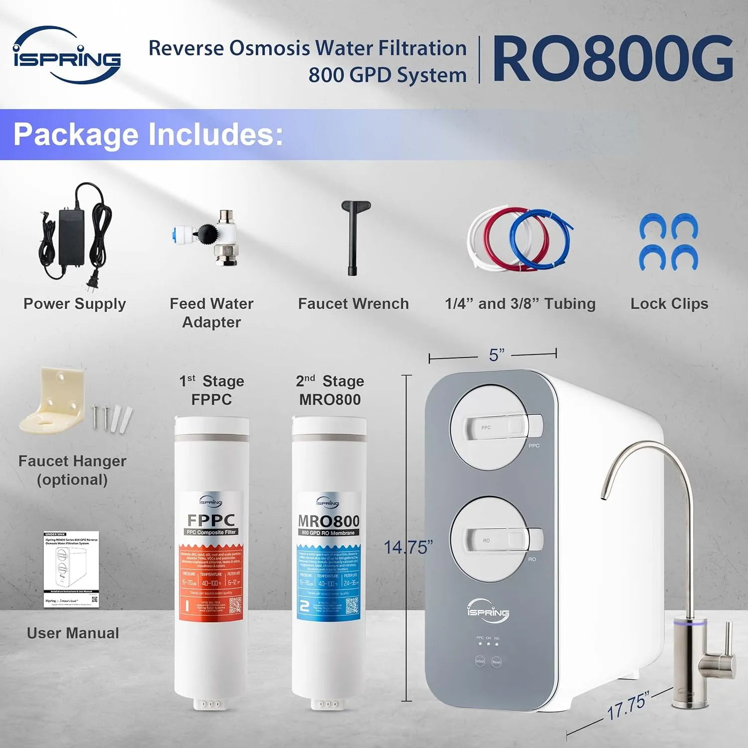 iSpring RO800G Tankless Reverse Osmosis System, 800 GPD High Capacity Under Sink, TDS Reduction Tankless Water Filtration System with Brushed Nickel Faucet