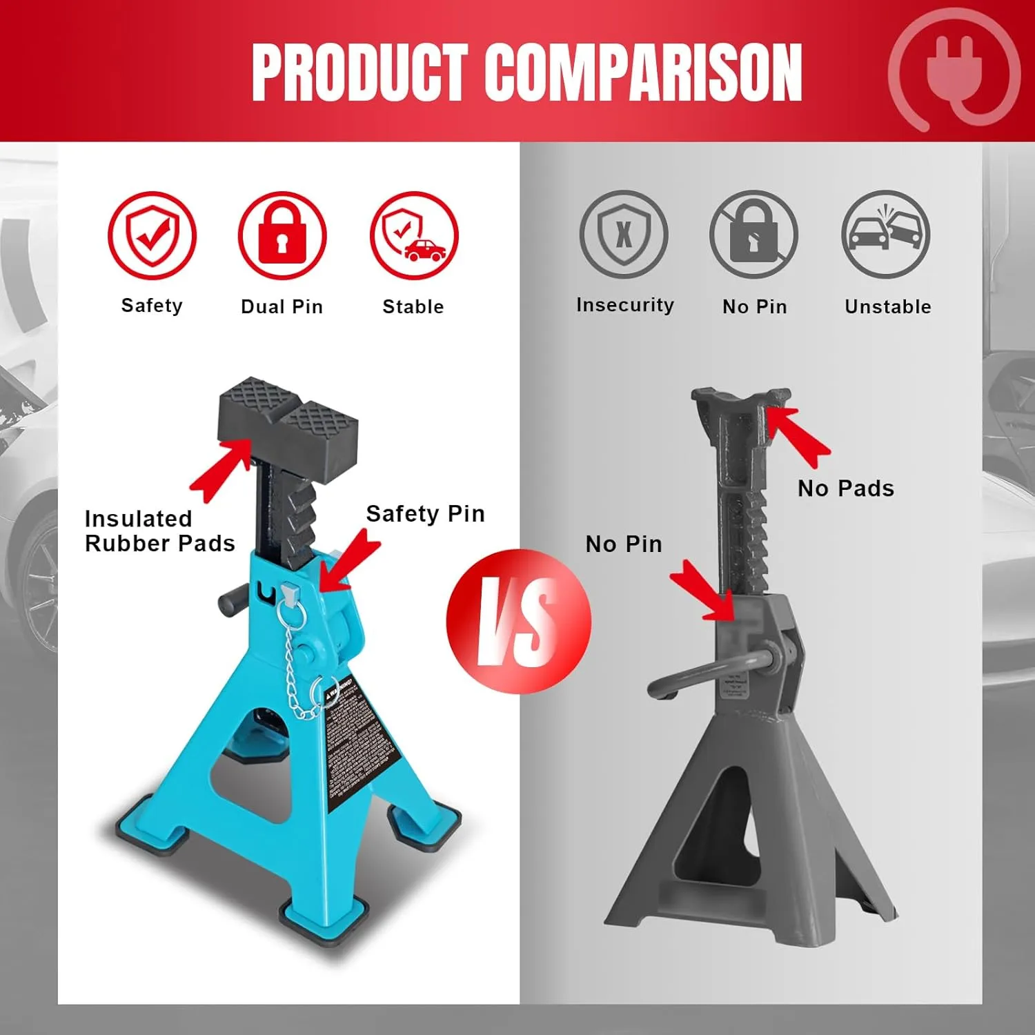 Jack Stands, 3 Ton (6000 LBs) Adjustable Ratchet Car Lifting Jack Stand with Dual Secure Pins, Insulated Rubber Saddle & Foot Pads for Electric Vehicles, Automotive Mortorcycles, 2 Pack