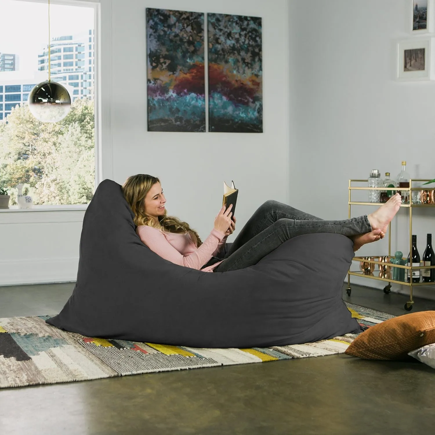 Jaxx Pillow Saxx 5.5-Foot - Huge Bean Bag Floor Pillow and Lounger, Black