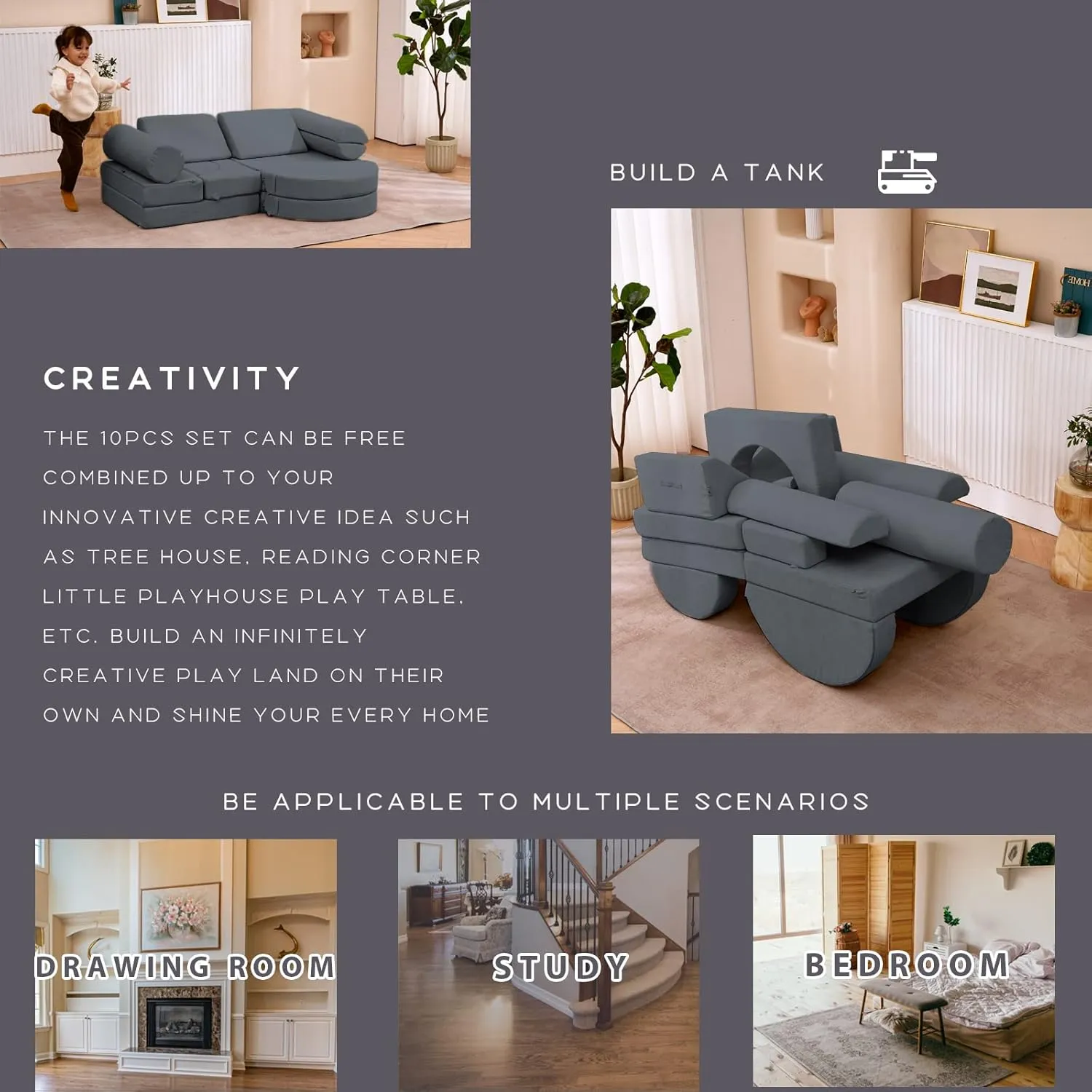jela Kids Couch 14PCS Luxury, Floor Sofa Modular Furniture for Adults, Playhouse Play Set for Toddlers Babies, Modular Foam Play Couch, Modular Sofa (Charcoal, 57"x28"x18")